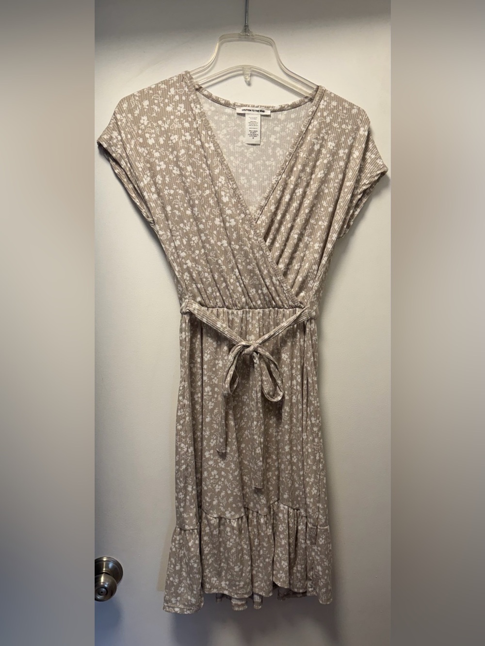 Cottagecore Caution To The Wind Floral Ribbed Wrap Dress Taupe Boho Ruffle Mini